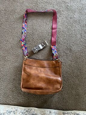 Leather Crossbody Bag with Colorful Strap - Brown